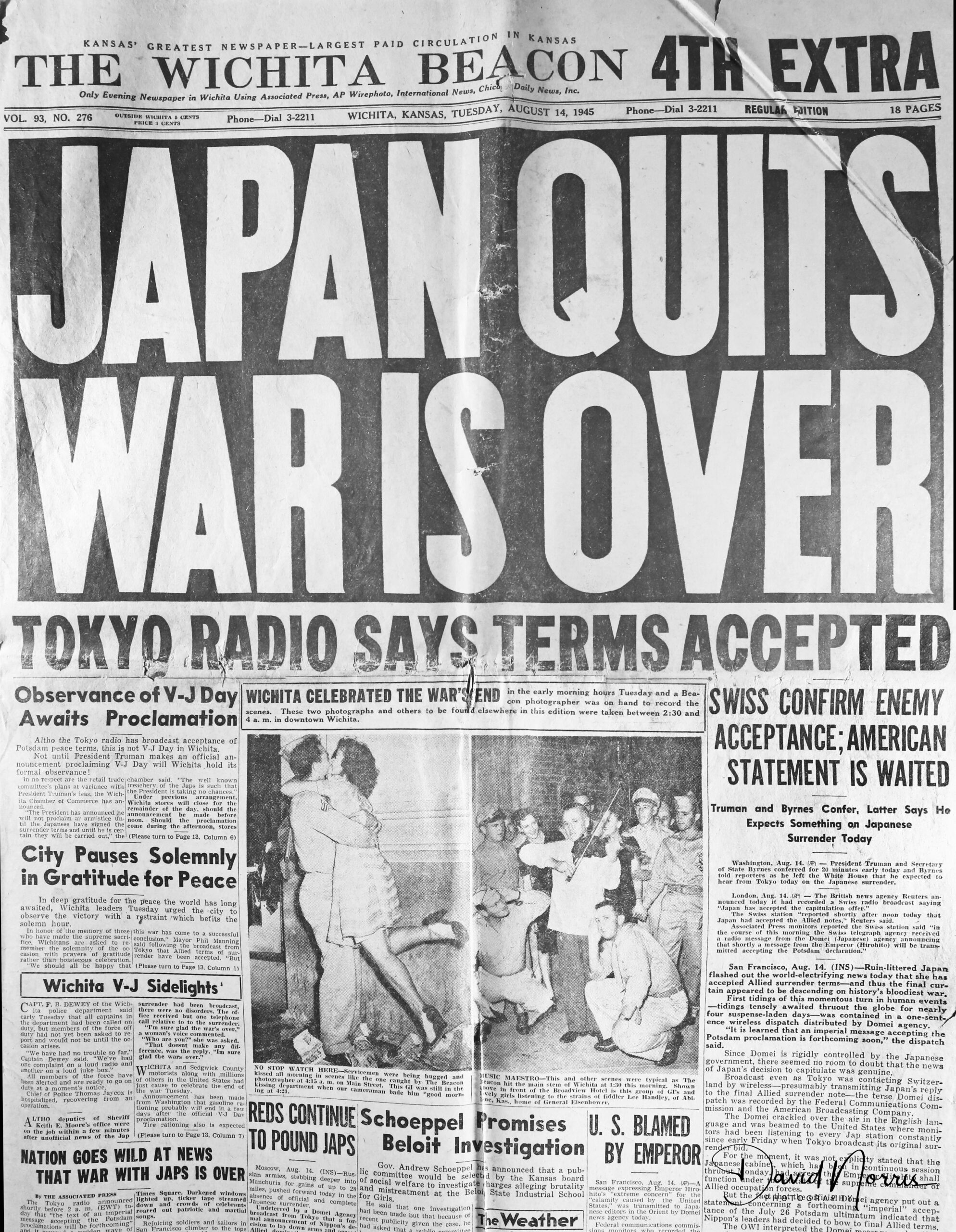 Newspaper headline: Japan quits, war is over.