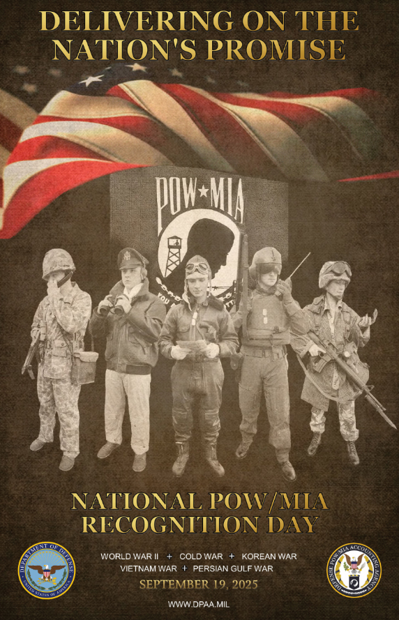 POW/MIA Recognition Day poster, soldiers and flag.